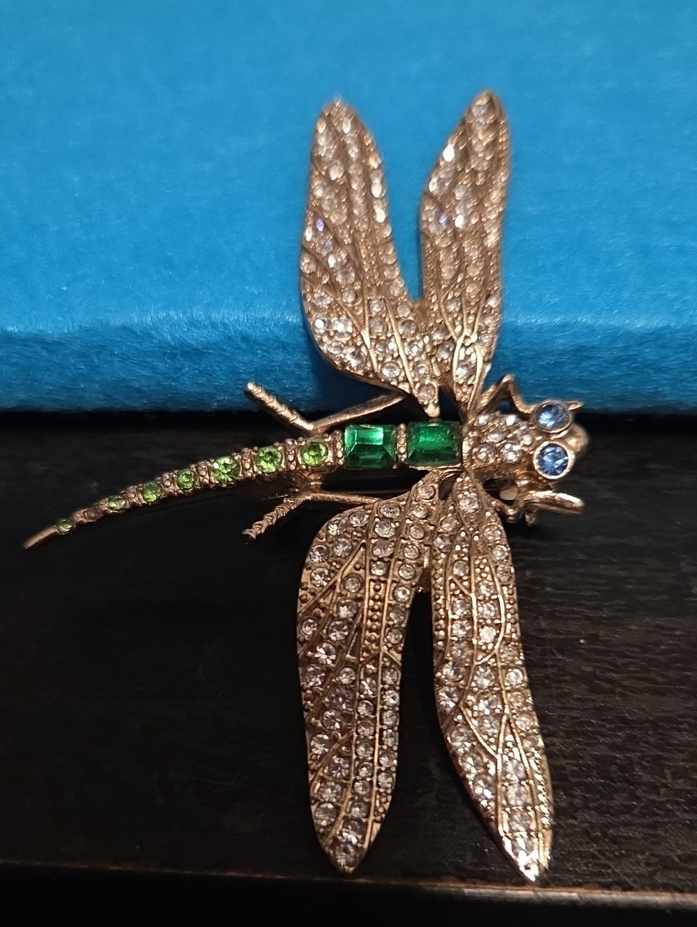 Crystal Dragonfly Brooch with Green and Blue Accents